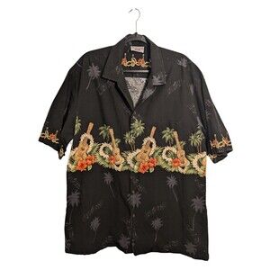 Pacific Legend Apparel Ukulele Guitar & Palm Trees Hawaiian Shirt Men's XL Black